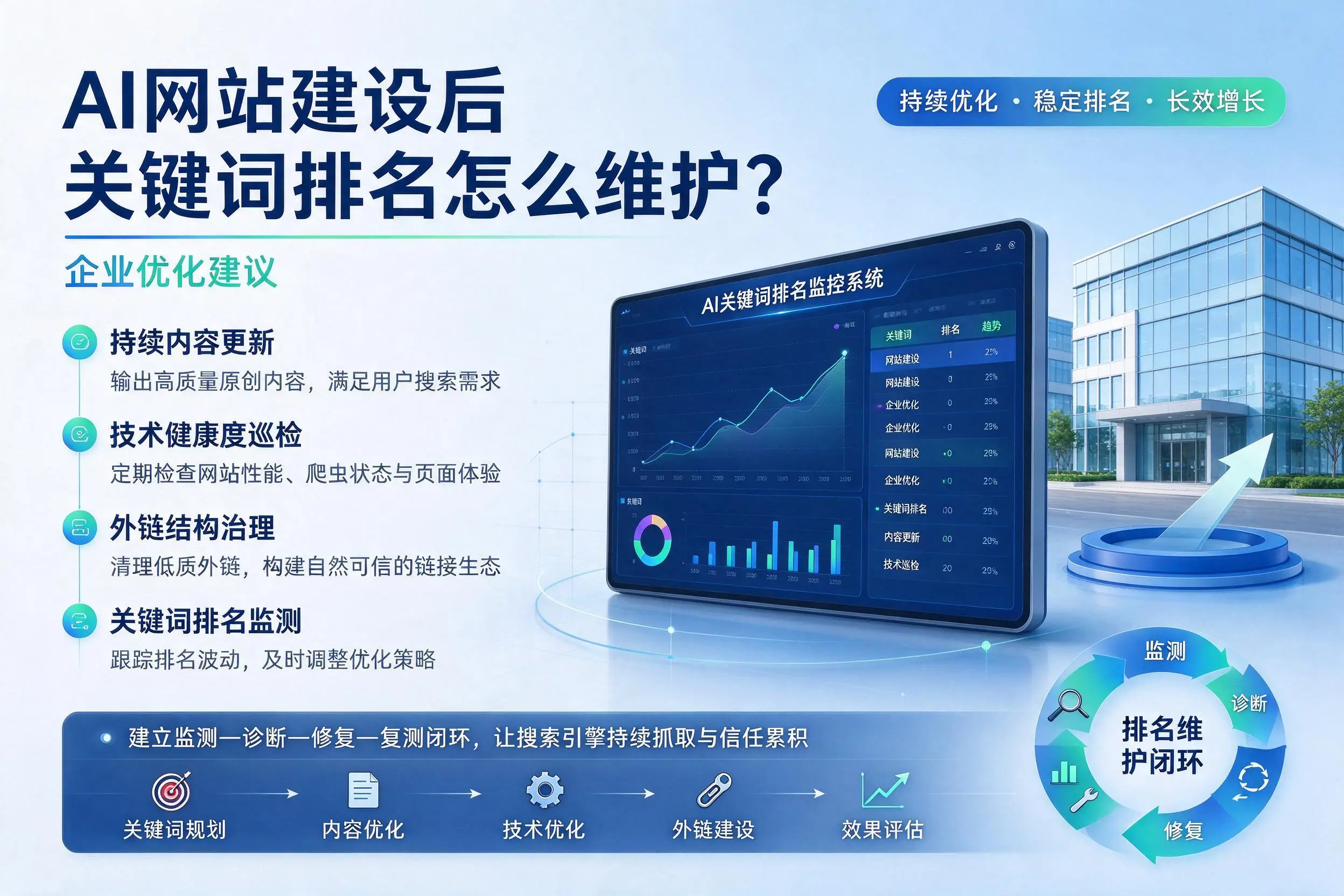 AI网站建设后关键词排名怎么维护?固原企业优化建议